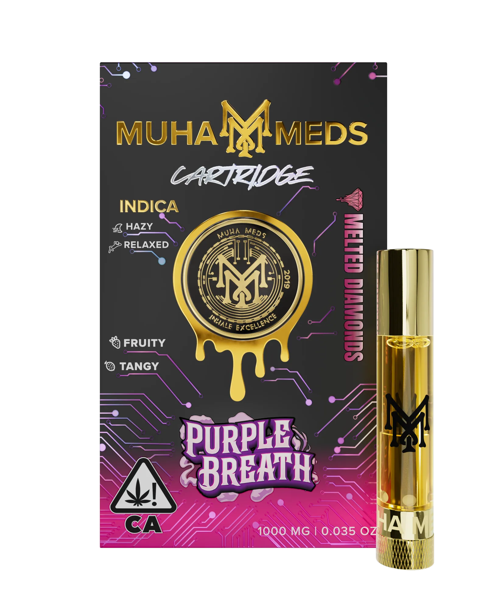 A Muha Meds 510 cartridge stood upright, the coil and oil window visible.