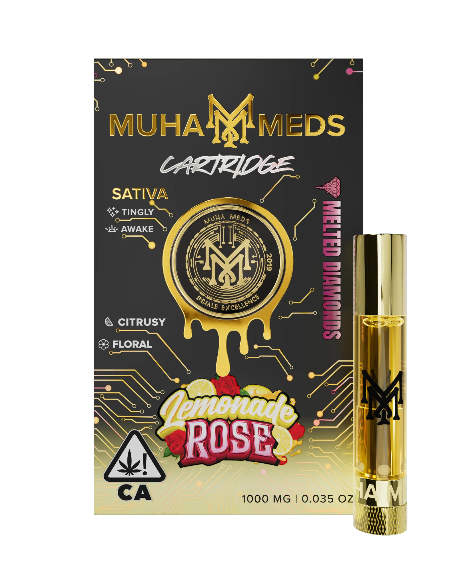A sealed Muha Meds cartridge in its printed retail box, photographed against a dark background.